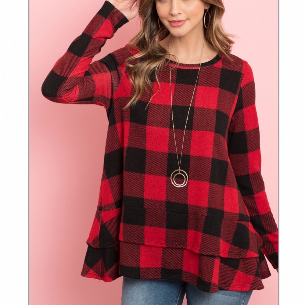 Red buffalo plaid long sleeves, ruffled, layer hem top, boutique - Picture 4 of 5